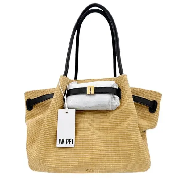 JW Pei Hana Medium Tote Bag in Tan Raffia Straw Black Trim Shoulder Bag Purse - Picture 2 of 15